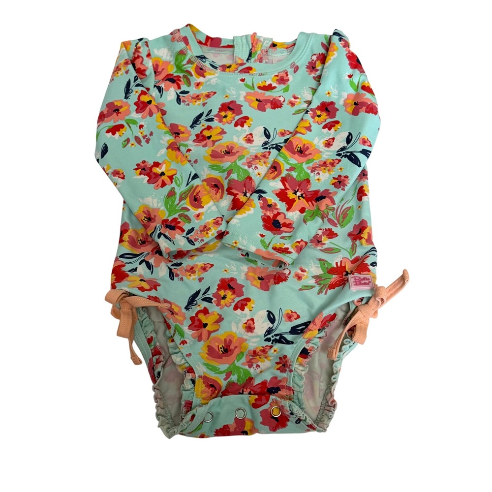 RuffleButts Girls 18-24M Mint Floral Long Sleeve Rash Guard One Piece Swimsuit